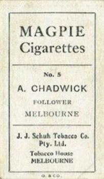 1921 J.J.Schuh Magpie Cigarettes Australian Footballers - Victorian League #5 Albert Chadwick Back